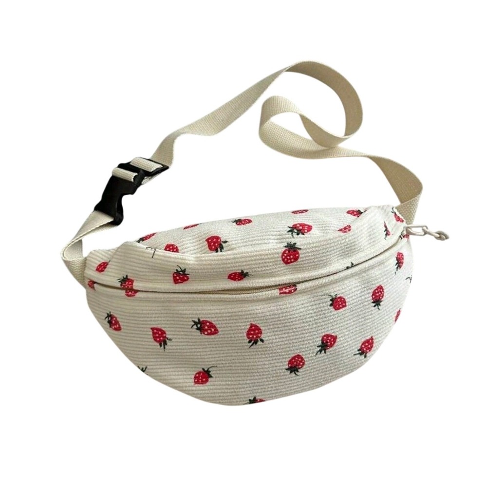 Corduroy Belt Bag Fanny Pack Strawberry Print Travel Hip Bum Bag Women